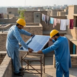 solar panels being installed by workers in punjab under the solar panel scheme by government