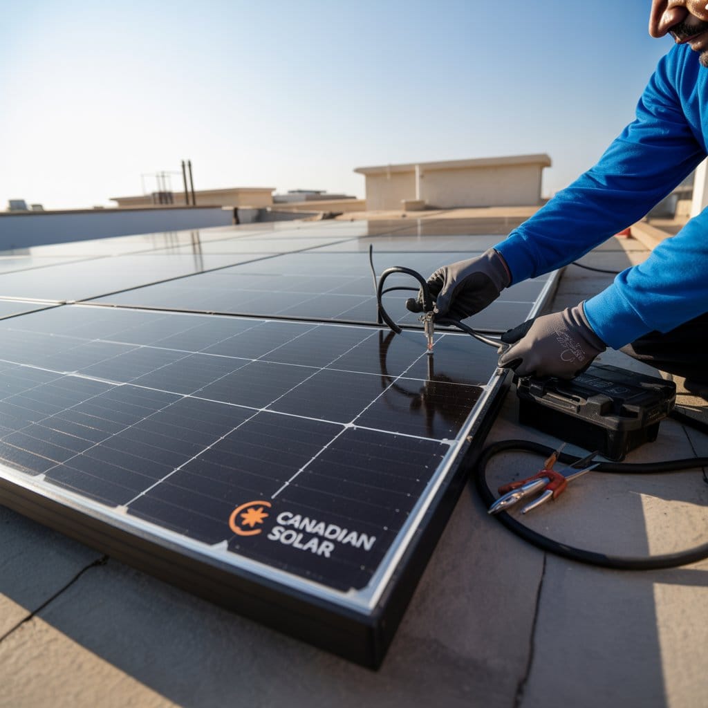 Canadian solar panel being installed on a house in Lahore by Pemco engineering Pakistan